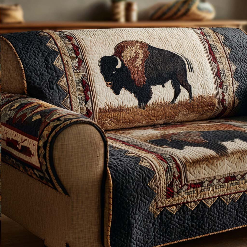 Buffalo Plains quilted sofa cover with a bison on golden prairie grass framed by navy and rust stepped geometric borders
