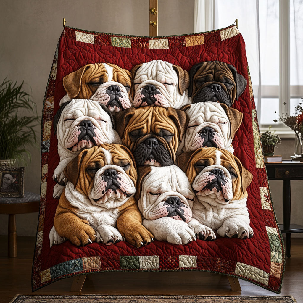 Bulldog Family quilted throw – english Bulldogs crowded together on red
