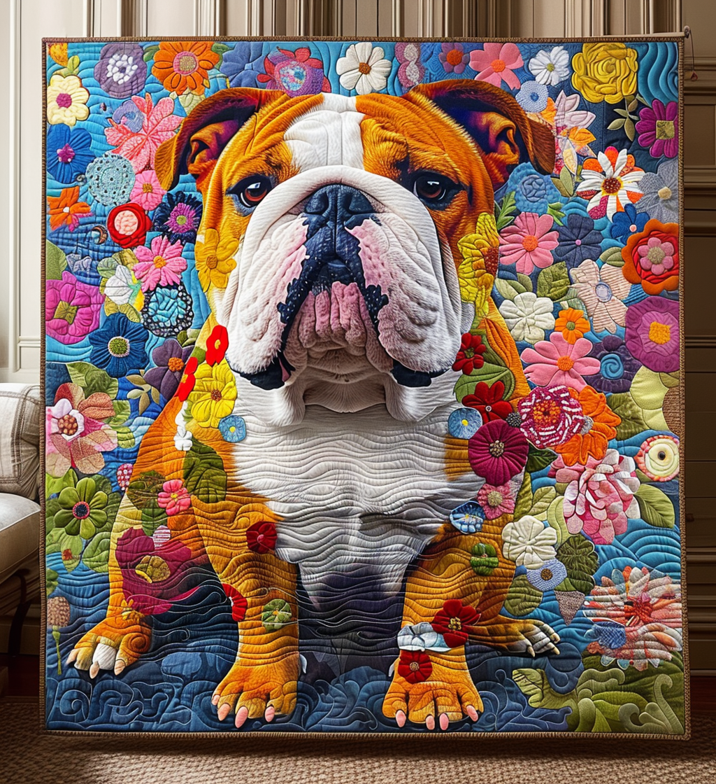 Bulldog in the Flowers quilted throw – english Bulldog among colourful flowers