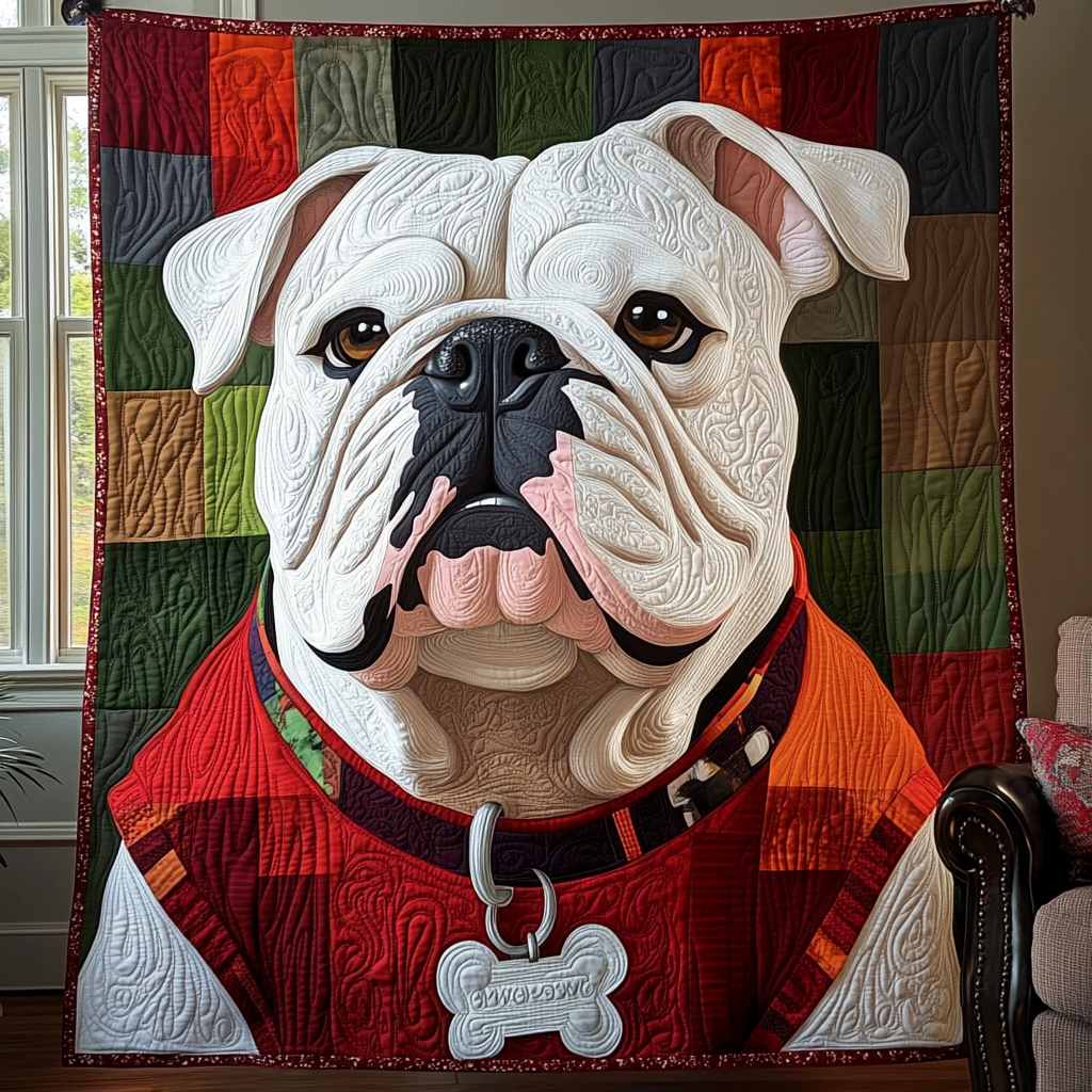 Bulldog in a Jumper quilted throw – white Bulldog in a red jumper
