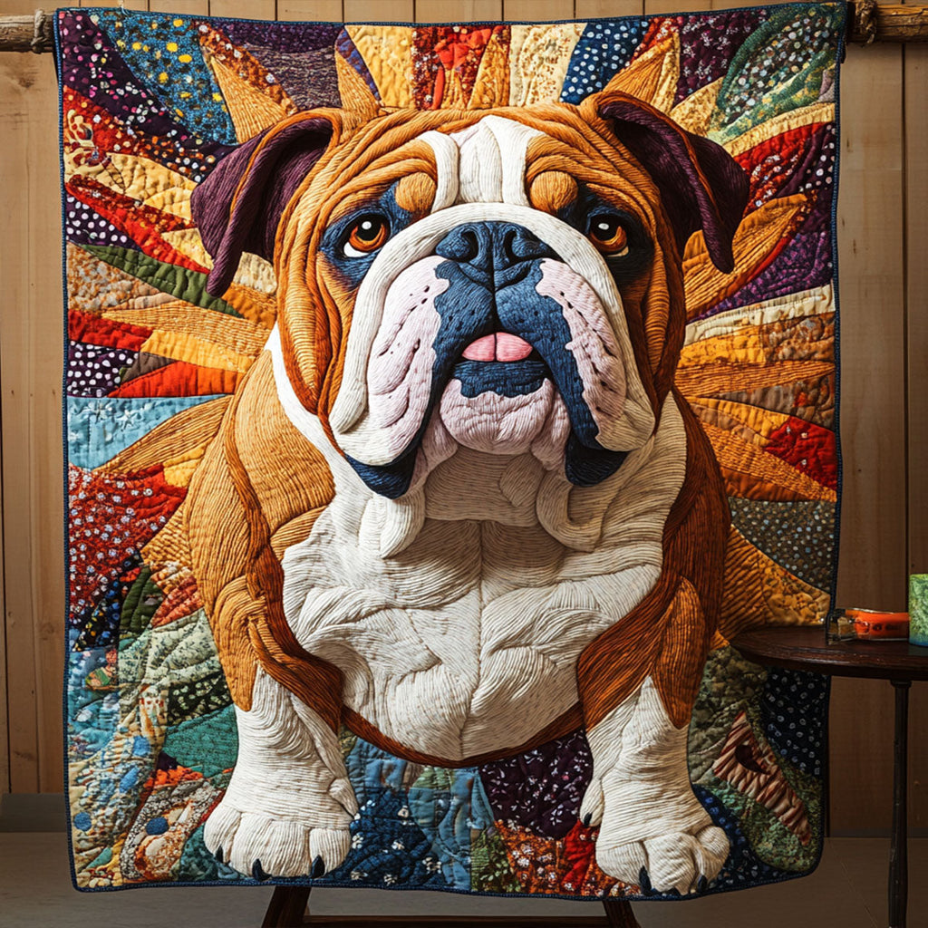 Bulldog Sunburst quilted throw – bulldog before a patchwork sunburst