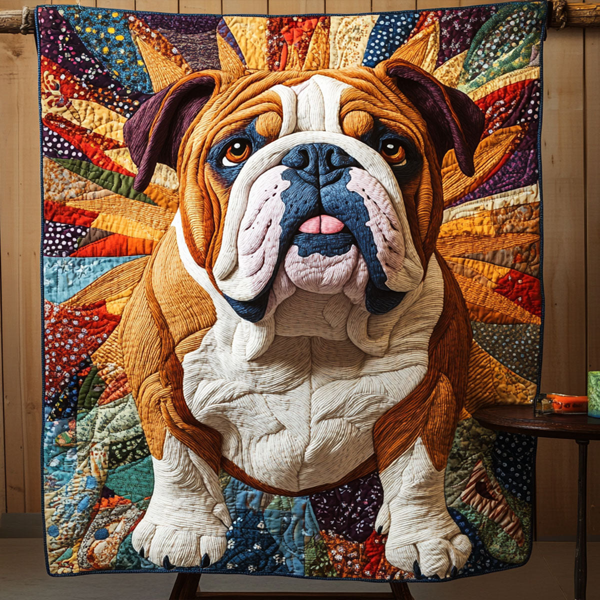 Bulldog Sunburst quilted throw – bulldog before a patchwork sunburst