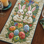 Bunny Egg Garden quilted table runner – bunnies among painted eggs