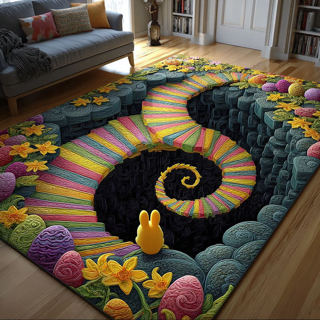 Bunny Hop Mosaic rug – rainbow spiral and bunny