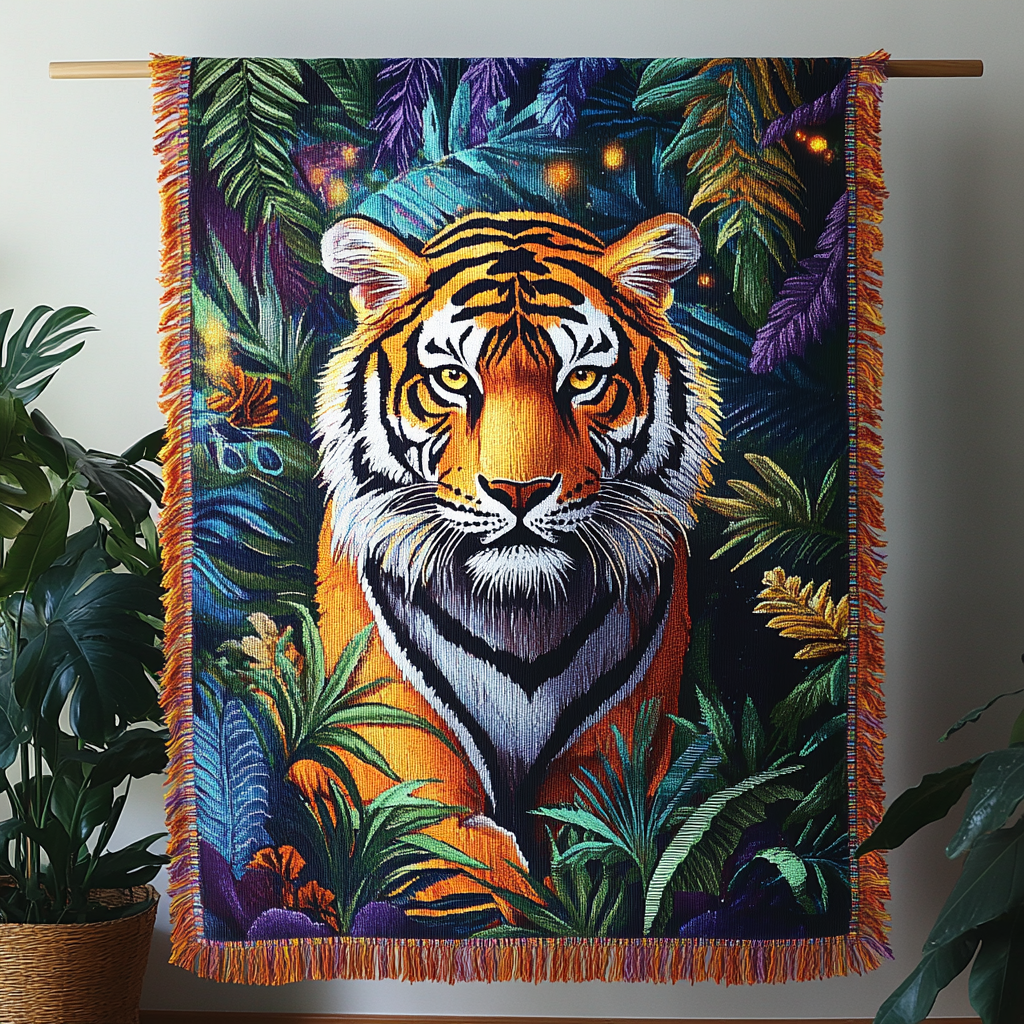 Jungle Tiger woven sofa throw – tiger among tropical leaves