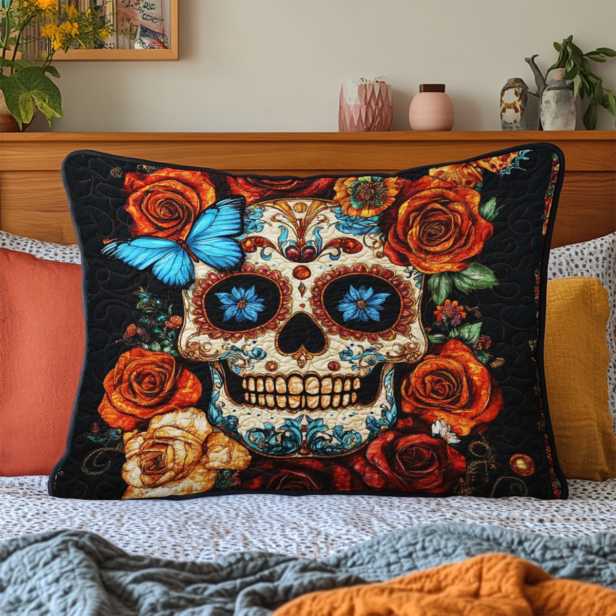 Sugar Skull and Roses quilted pillowcase – sugar skull among orange and red roses
