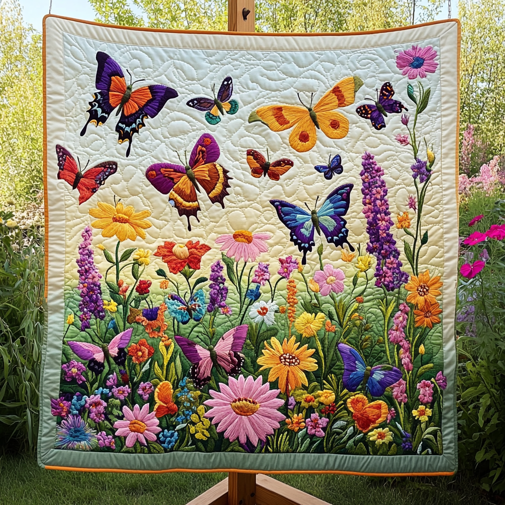 Butterfly Meadow quilted throw – butterflies over a wildflower meadow