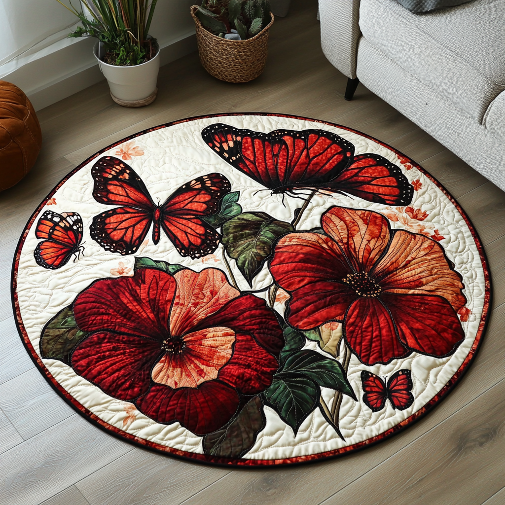 Butterfly Bliss round quilted mat – hibiscus and butterflies