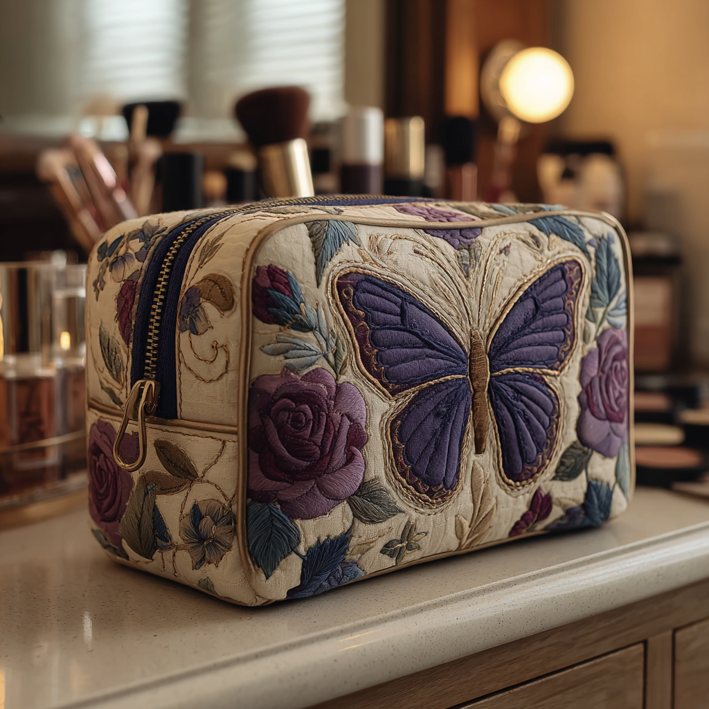 Lilac Butterfly quilted make-up bag with purple butterfly among lilac and blue roses on cream