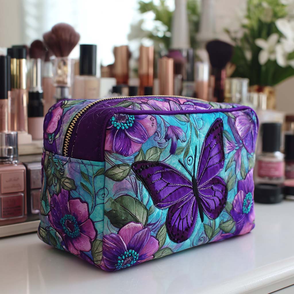 Quilted make-up bag with the Butterfly Bloom design of butterflies settling among open flowers in soft pink, lilac and green