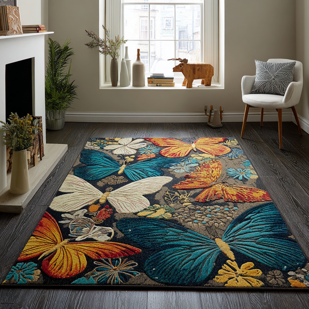 Navy Butterfly Drift rug – butterflies on navy