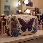 Butterfly Charm quilted make-up bag with violet butterfly with blue roses and leaves on cream