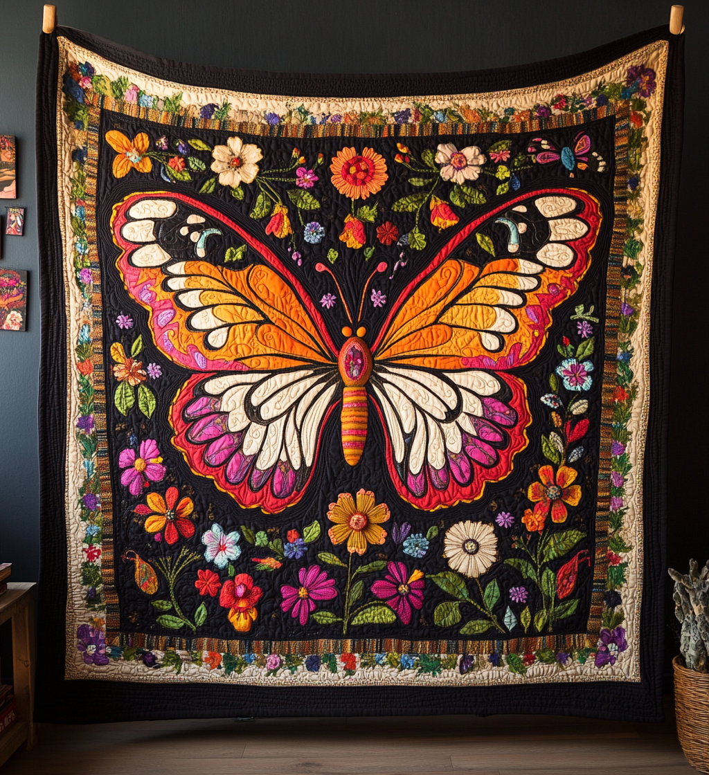 Midnight Butterfly Garden art quilt – butterfly on black