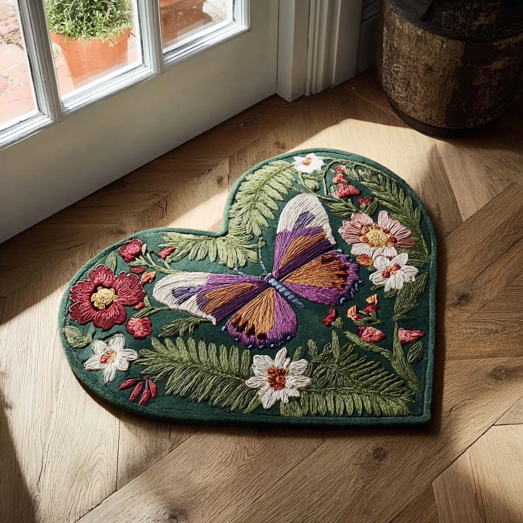 Butterfly Emerald Heart shaped doormat – butterfly in heart