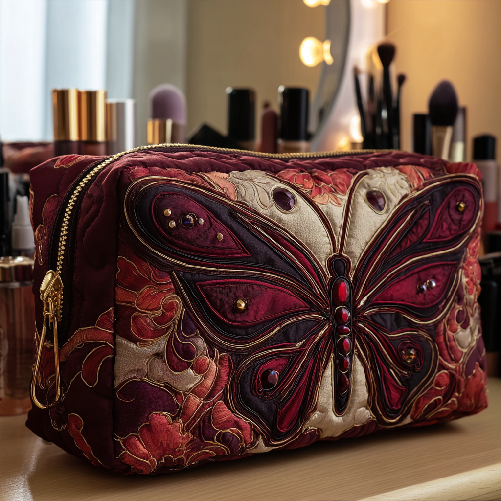 Butterfly Garden quilted make-up bag with deep red butterfly on burgundy with swirling scrolls
