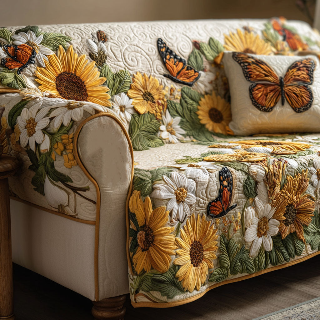 Sunflower Butterflies quilted sofa cover – sunflowers, daisies and butterflies