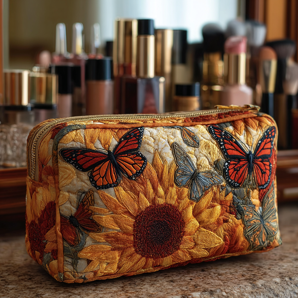 Butterfly Glow quilted make-up bag with orange monarch butterflies with a golden sunflower