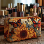 Butterfly Glow quilted make-up bag with orange monarch butterflies with a golden sunflower
