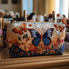 Butterfly Grace quilted make-up bag with blue butterfly with orange blossoms on cream