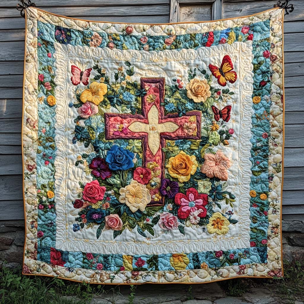 Garden Cross art quilt – floral cross