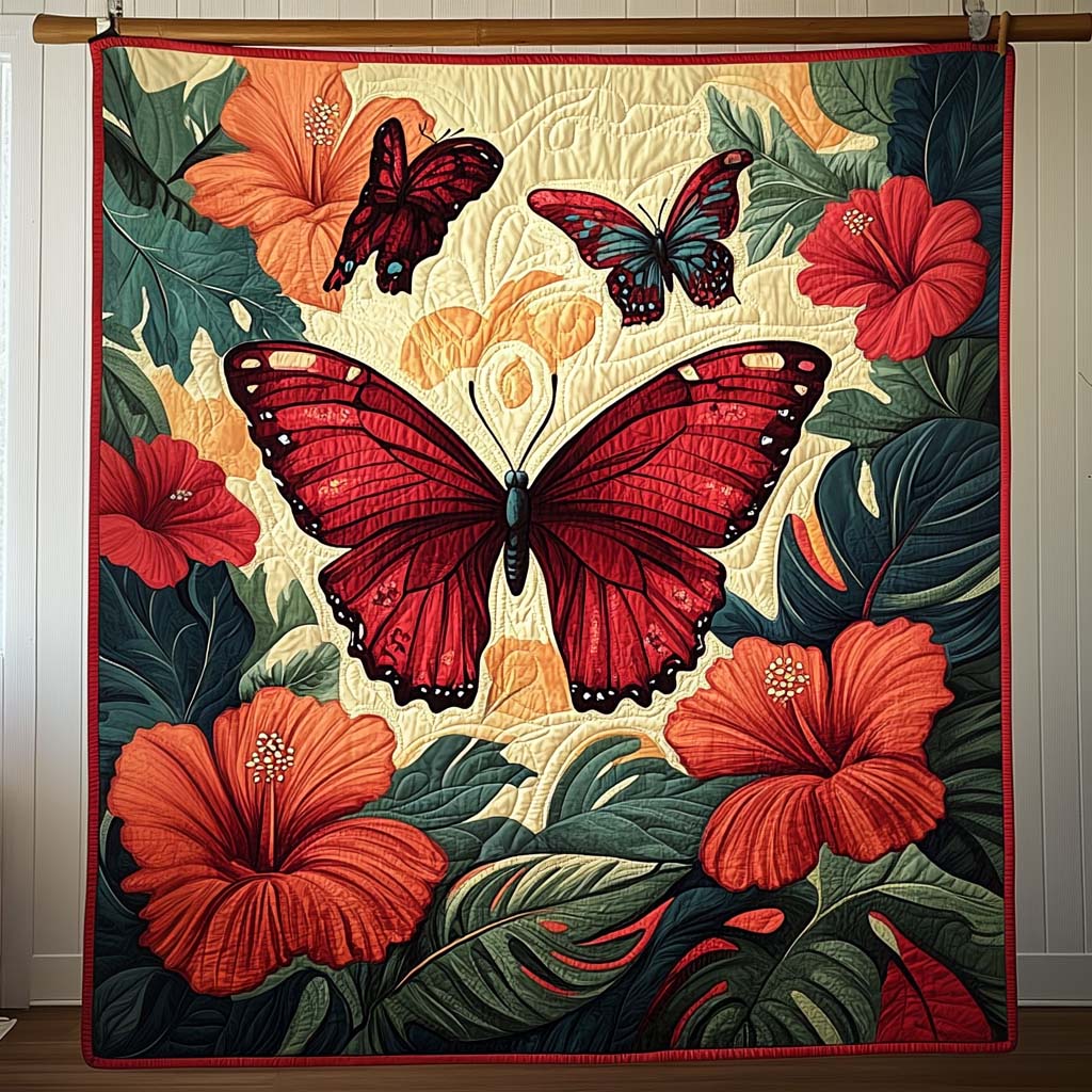 Hibiscus Butterflies art quilt – butterflies and hibiscus