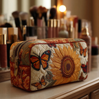 Butterfly Haven quilted make-up bag with monarch butterflies around a large sunflower