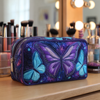 Butterfly Meadow quilted make-up bag with purple and blue butterflies on violet