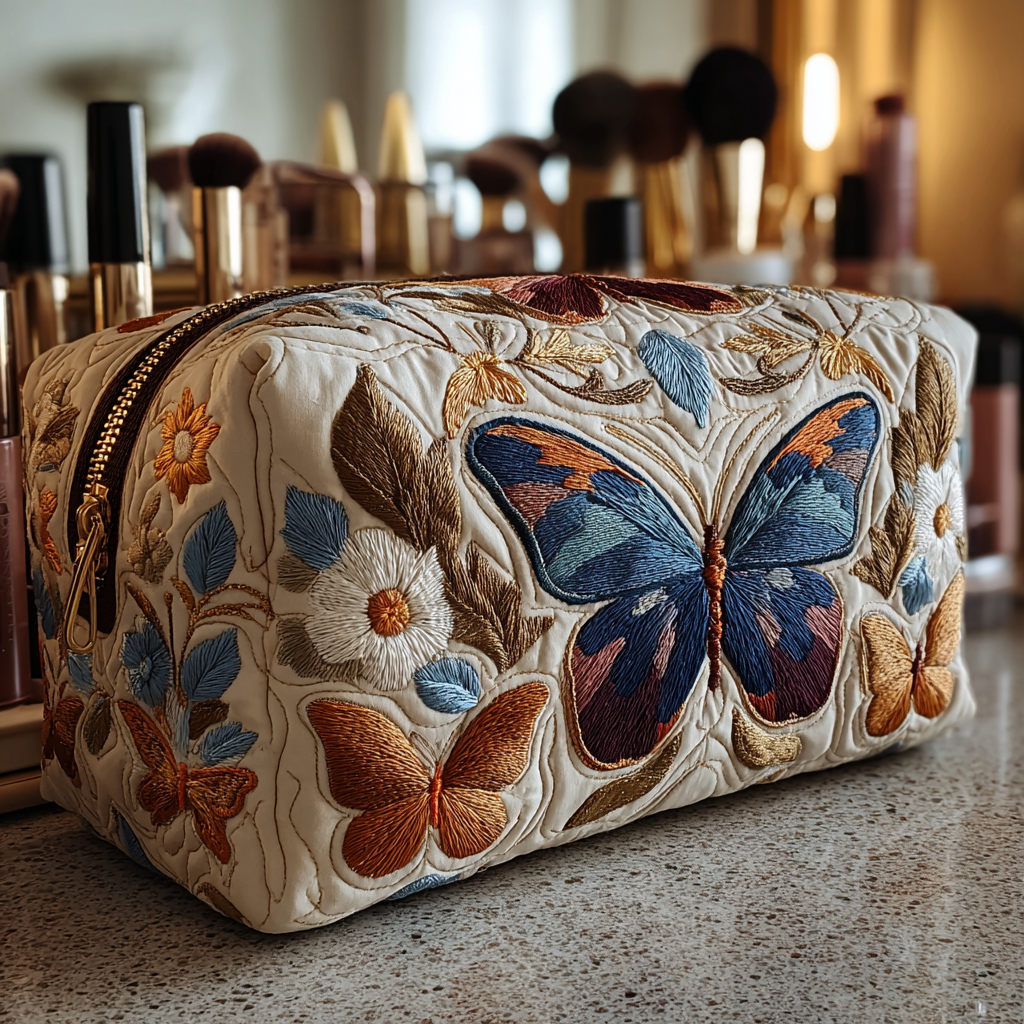 Butterfly Whisper quilted make-up bag with blue and orange butterflies among flowers on cream