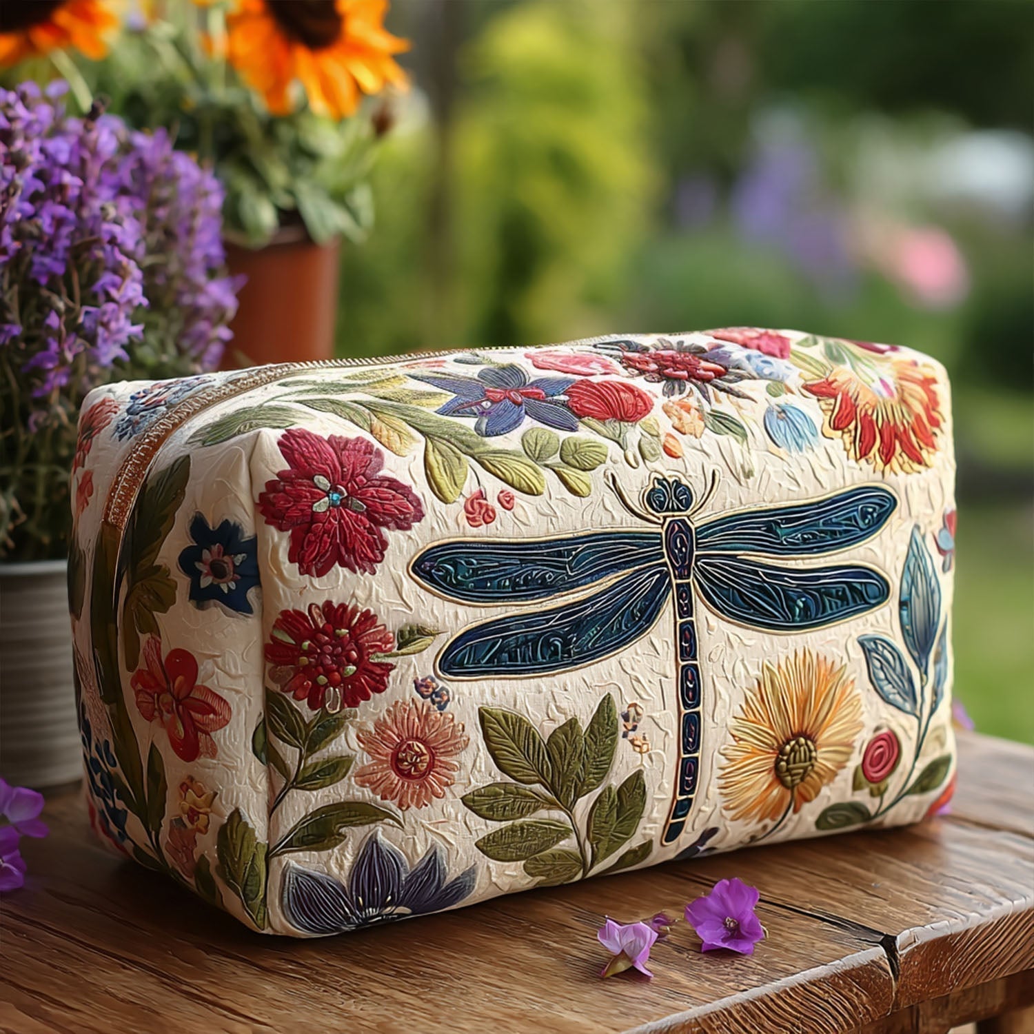 Quilted make-up bag with the Buzzy Buddy design of folk-art dragonflies and small blooms in tidy rows in warm yellow and soft blue