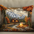 Campfire Cabin quilted pillowcase – cabin and campfire beneath snowy mountains