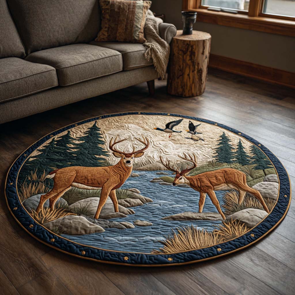 Cabin Serenity Deer round quilted mat – deer by a stream