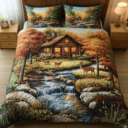 Cabin by the Stream quilted bedspread set – log cabin by a rocky stream with autumn trees