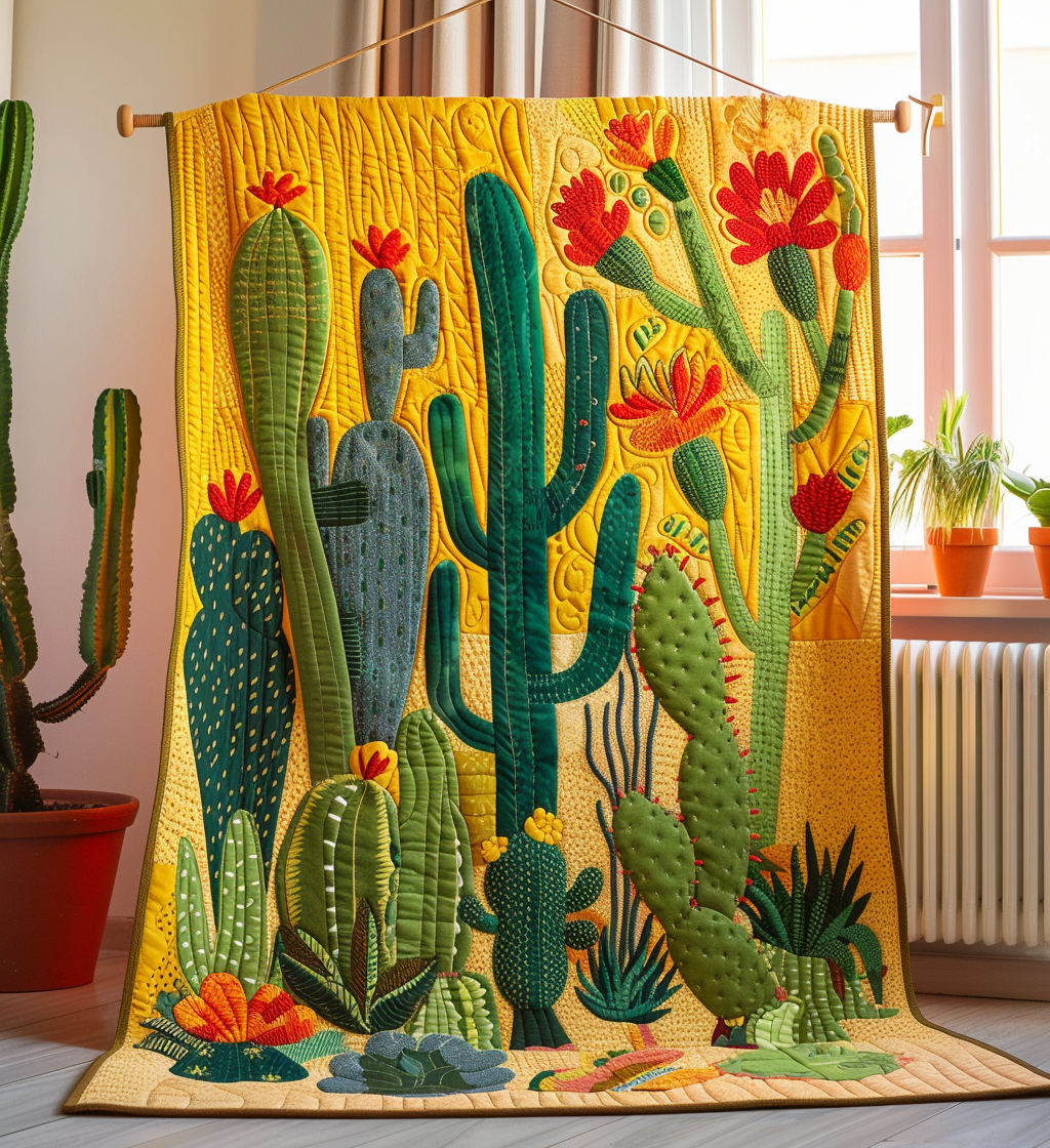 Yellow Cactus quilted throw – green cacti with red blooms on yellow