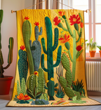 Yellow Cactus quilted throw – green cacti with red blooms on yellow