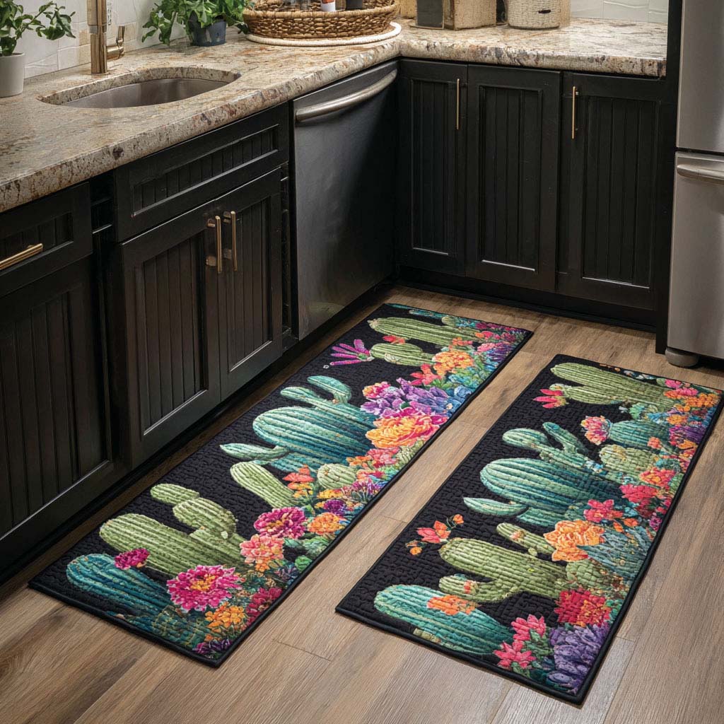 Cactus Blossom kitchen mat set – flowering cacti on black