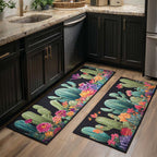 Cactus Blossom kitchen mat set – flowering cacti on black