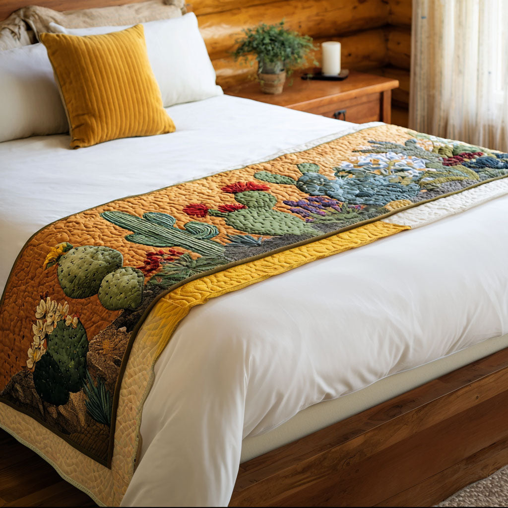 Cactus on Gold quilted bed runner – green cacti with a golden border