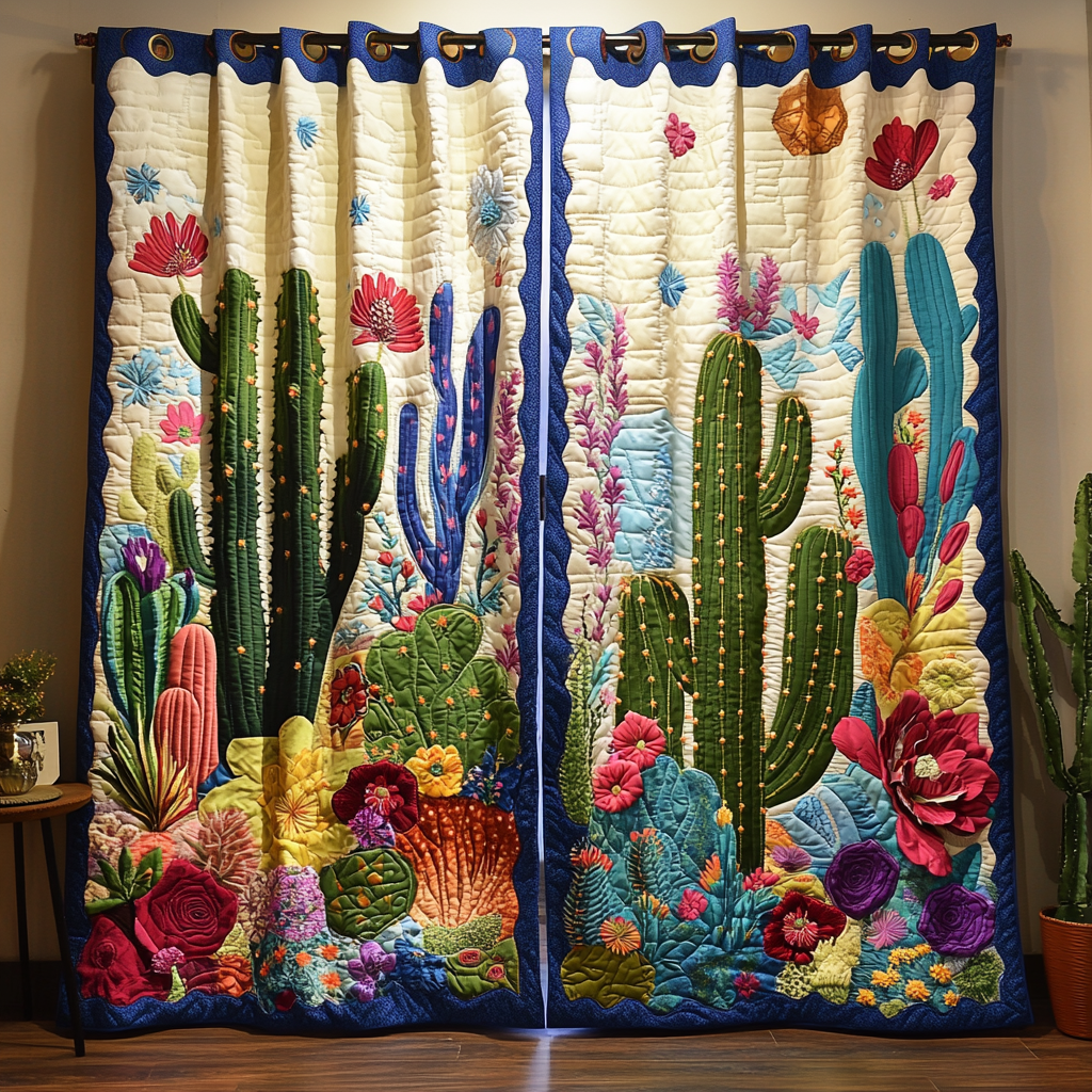Cactus Flower Garden quilted curtains – cacti and bright flowers on cream