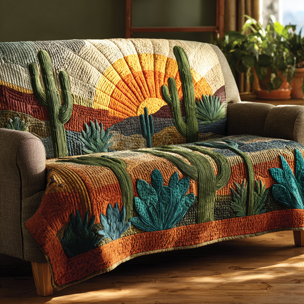 Desert Bloom Sunset quilted sofa cover – cacti under a golden sunset