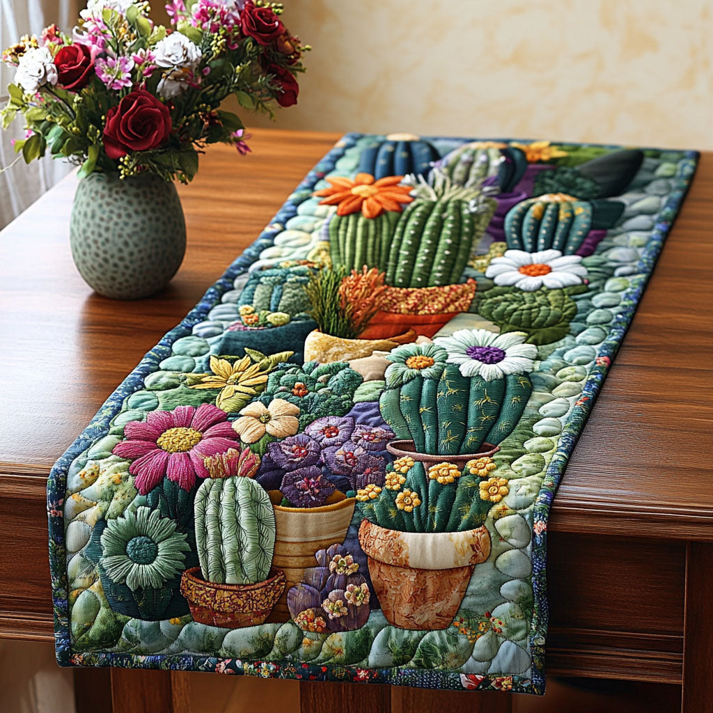 Potted Cacti quilted table runner – potted cacti and flowers
