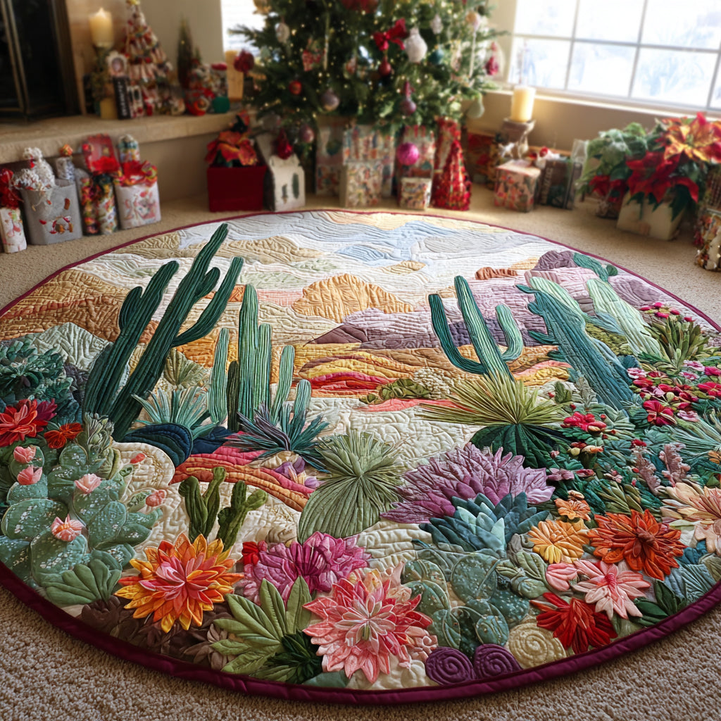 Cactus Blossom round quilted mat – cacti and succulents