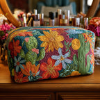 Cactus Carnival quilted make-up bag with bright folk-art cacti and flowers in orange, pink and green