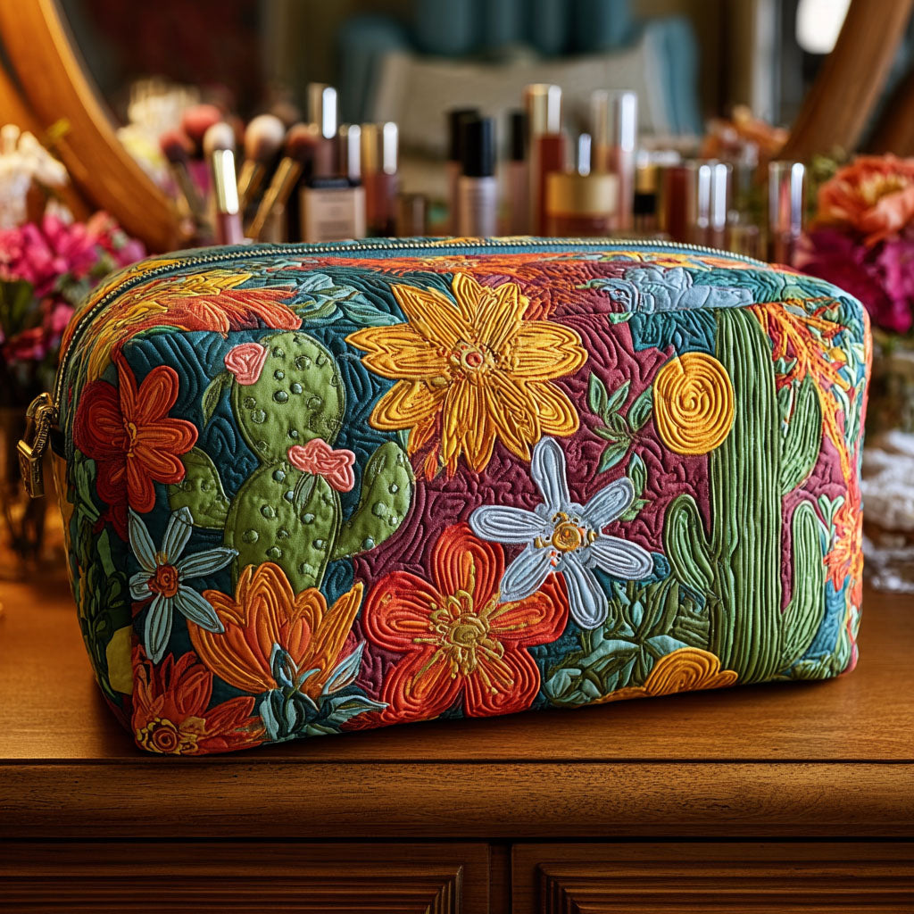 Cactus Carnival quilted make-up bag with bright folk-art cacti and flowers in orange, pink and green