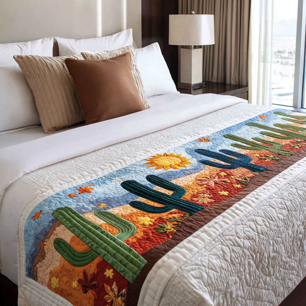 Cactus Sunset quilted bed runner – tall cacti before a desert sunset