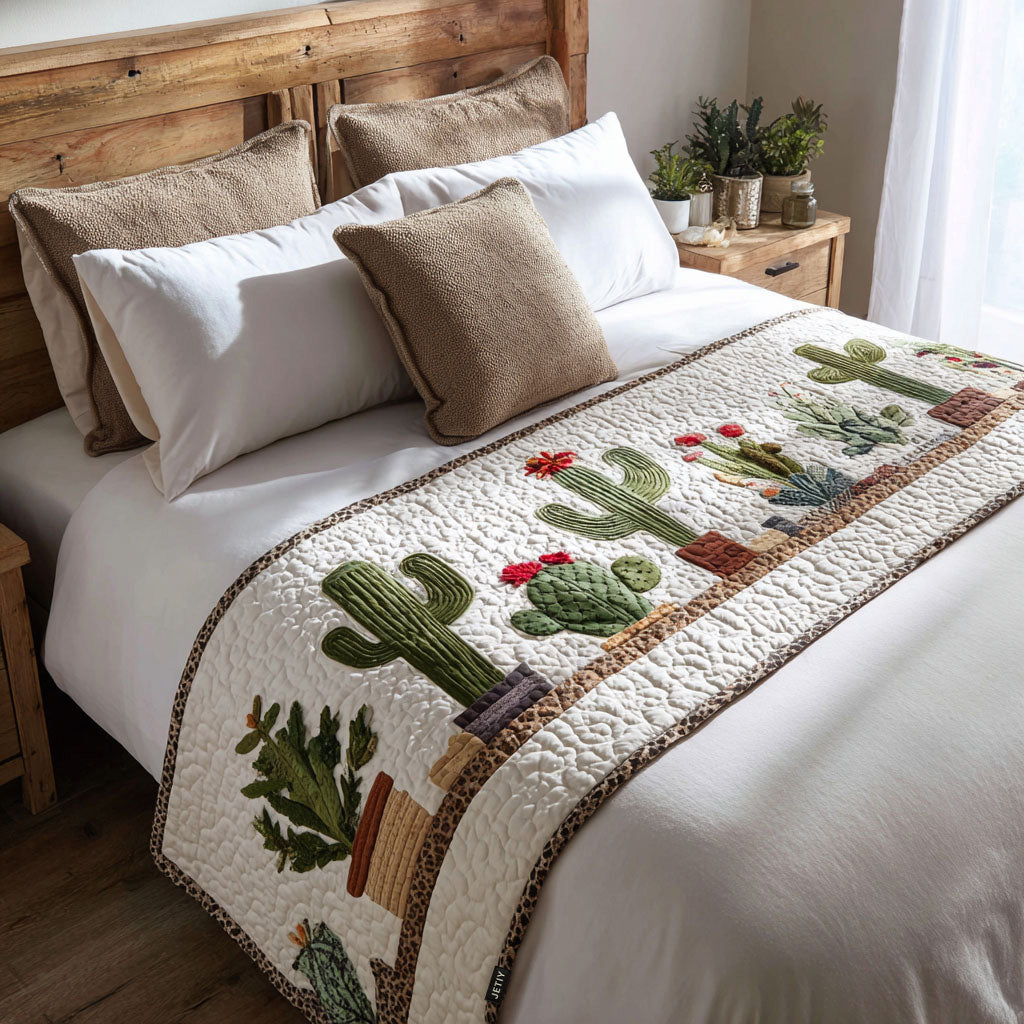 Cactus Garden on Cream quilted bed runner – little cacti and red blooms on cream