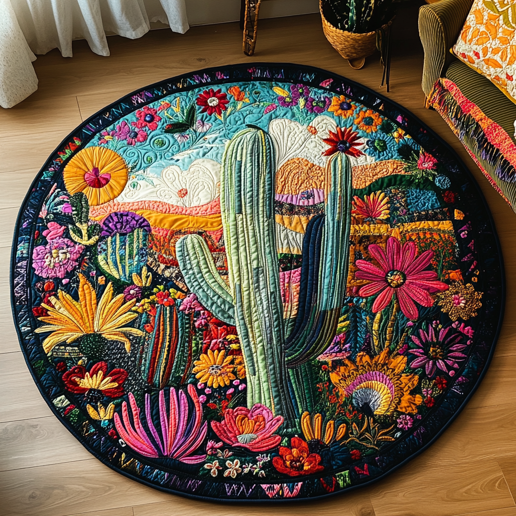 Cactus Garden Bliss round quilted mat – cactus among flowers