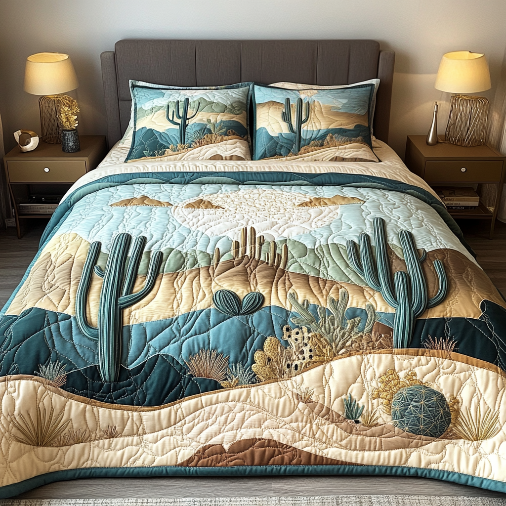 Desert Dunes quilted bedspread set – teal cacti on flowing sand dunes