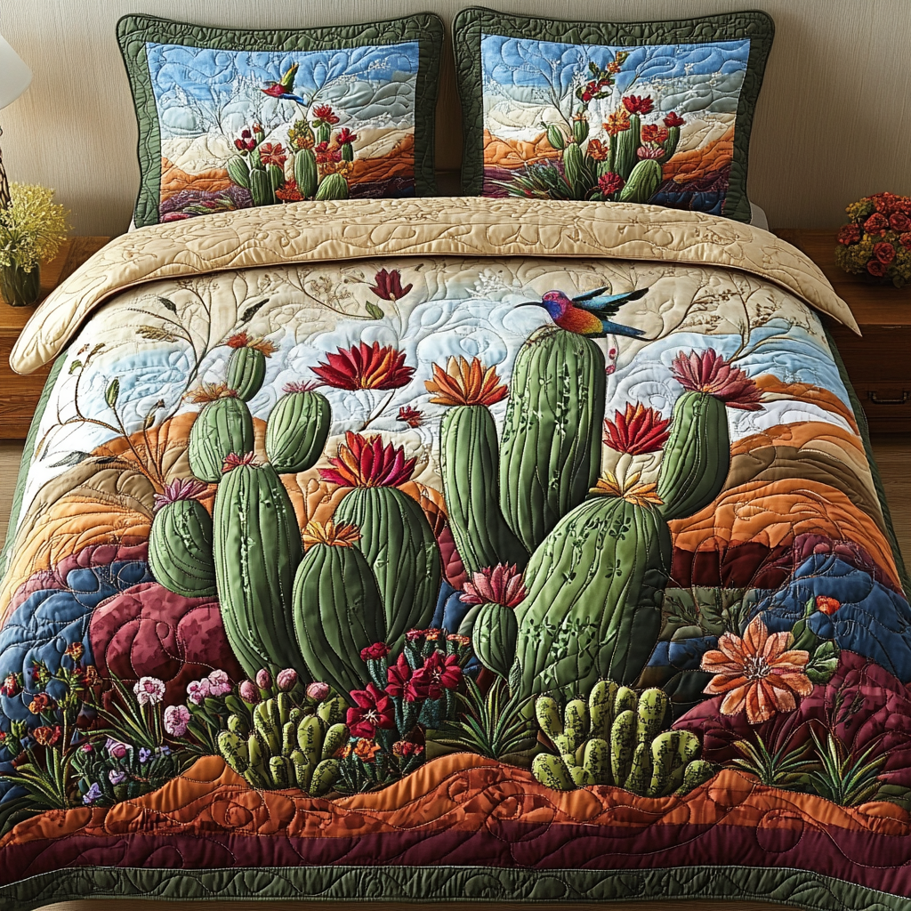 Desert Cactus Bloom quilted bedspread set – flowering cacti on warm desert tones