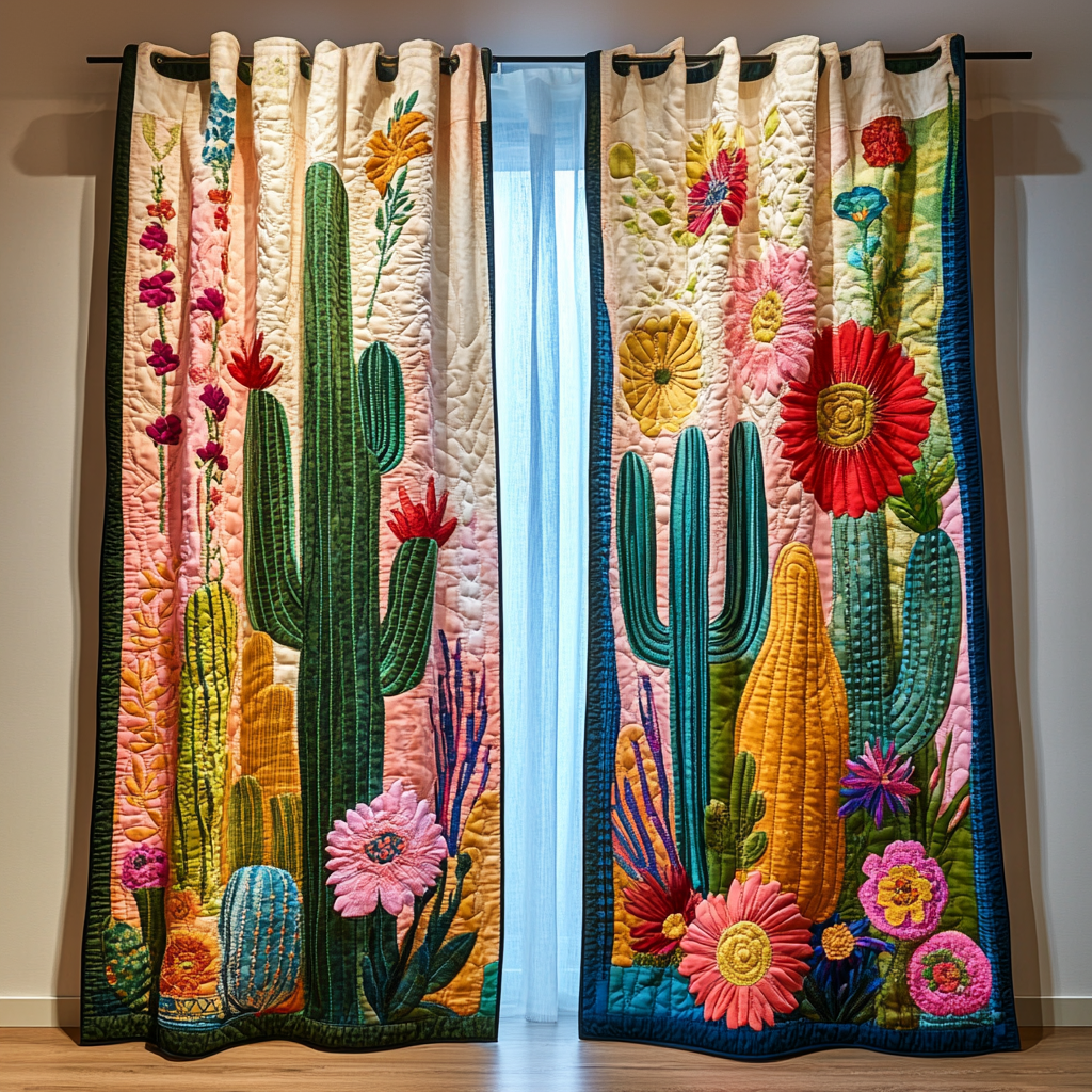 Cactus Blossom Border quilted curtains – cacti among pink blossoms