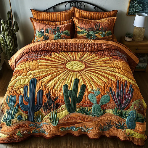 Quilted bedspread set with tall saguaro cacti against an early gold and apricot sky, the Cactus Sunrise design